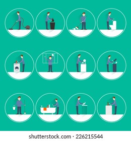 Cleaning people flat round button icons set with vacuuming garbage throwing sweeping isolated vector illustration