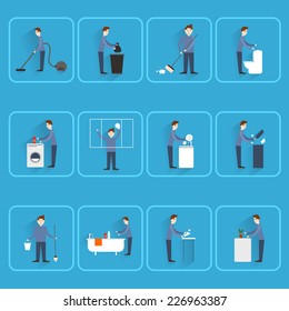 Cleaning people icons set with dust sweeping ironing dishes washing isolated vector illustration