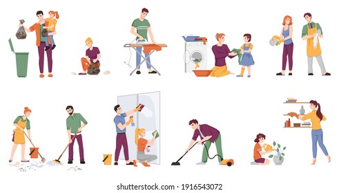 Cleaning people set isolated man and woman with children doing housework chores. Vector couple washing window, ironing, doing laundry, sweeping floor, watering plants, take out rubbish, vacuum cleaner