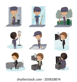 Cleaning People Set - Isolated On White Background - Vector Illustration, Graphic Design Editable For Your Design 