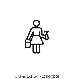 Cleaning person thin line icon. Woman with detergent, cleaner, housekeeping isolated outline sign. Home services concept. Vector illustration symbol element for web design and apps