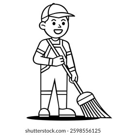 Cleaning person Vector mascot, cleaner man janitor, Cleaning Concept Cartoon Style Vector Illustration line art black and white, a broom to clean the room, Black silhouette, tattoo of a man on white b