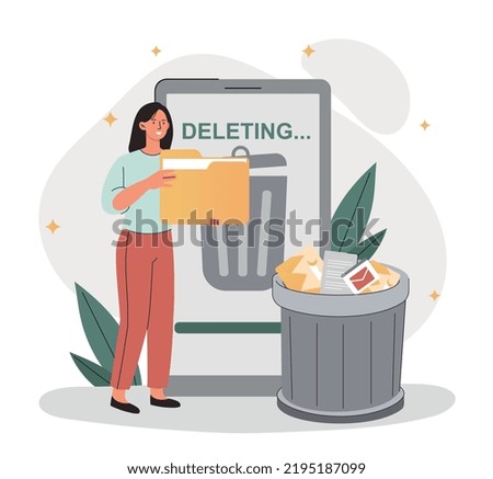 Cleaning phone concept. Woman deletes files from smartphone, freeing up space from garbage and trash. Gadgets and devices, modern technologies and digital world. Cartoon flat vector illustration