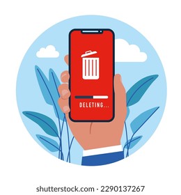Cleaning phone or documents to waste bin smartphone. Modern vector illustration in flat style