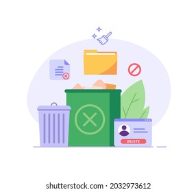 Cleaning phone, smartphone with trash can sign. Removing files or documents to waste bin. Concept of delete file, cleaning smartphone, removing process. Flat vector illustration for UI