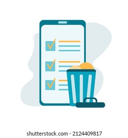 Cleaning phone, smartphone with trash can sign. Removing files or documents to waste bin. Concept of delete file, cleaning smartphone, removing process. Flat vector illustration for UI