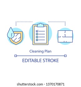 Cleaning plan concept icon. Cleanup agency booking idea thin line illustration. Spring cleaning. Cleanup planning. Home maintenance. Housekeeping. Vector isolated outline drawing. Editable stroke
