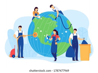 Cleaning planet people vector illustration. Cartoon flat volunteer cleaner characters clean, care globe Earth, collect plastic waste. World ecology, environment, nature protection isolated on white