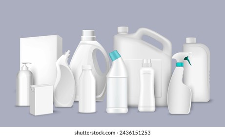 Cleaning plastic bottles, canister, packs and cardboard containers mockup set. Washing powder, liquid soap, bleach or other chemicals packages realistic vector illustration