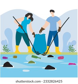 cleaning up plastic waste in the river illustration