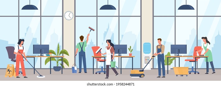 Cleaning premises. People group in uniforms wash office interior with professional industrial washer equipment, janitors team service large rooms with detergents vector cartoon concept