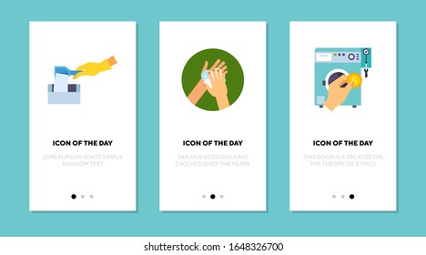 Cleaning procedures flat icon set. Laundry, clothes, washing isolated vector sign pack. Hygiene and health concept. Vector illustration symbol elements for web design and apps