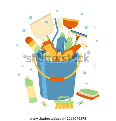 Cleaning prodaucts and tools in backet. Hygiene equipment for housekeeping and sanitation. Tools of housecleaning.