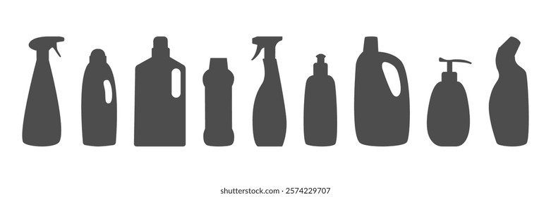 Cleaning product bottle silhouette collection. Detergent chemical cleanser container set. Simple black Household cleanup products icon isolated on white