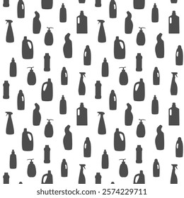 Cleaning product bottle silhouette seamless pattern. Various Detergent chemical cleanser container background. Simple black Household cleanup products for package wallpaper wraps design and print