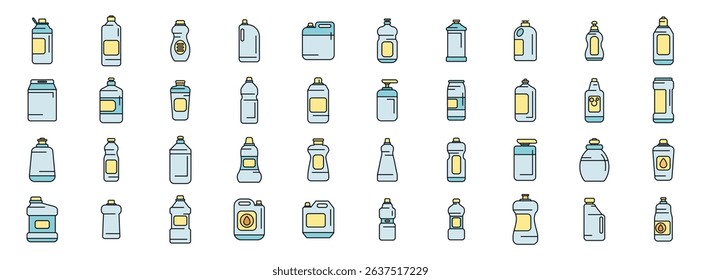 Cleaning product bottles icons set showcasing various containers for detergents, disinfectants, cleaners, and laundry supplies, ideal for representing household chores and hygiene