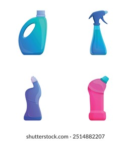 Cleaning product icons set cartoon vector. Various plastic detergent bottle. Household cleaning product