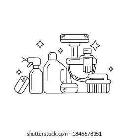 Cleaning product plastic container for house clean. Bottles of cleaning products. Line Style stock vector.