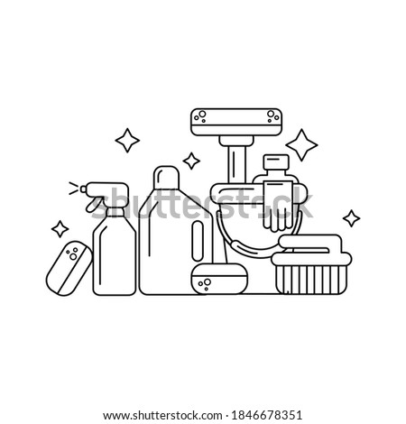 Cleaning product plastic container for house clean. Bottles of cleaning products. Line Style stock vector.