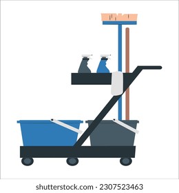Cleaning product tool equipments, concept of housekeeping, professional clean service, housework kit supplies, copy space, close up. Vector image of a set for cleaning. Household cleaning products.