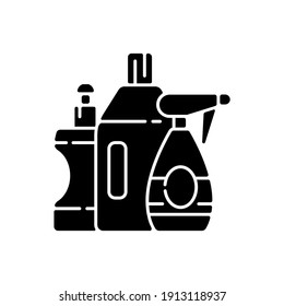 Cleaning Products Black Glyph Icon. Janitorial Supplies, Chemicals For Household Cleaning And Housekeeping Silhouette Symbol On White Space. Different Detergents Bottles. Vector Isolated Illustration