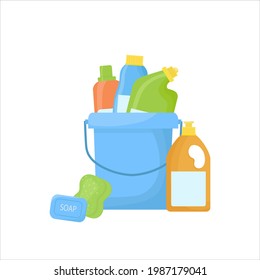 cleaning products in a blue bucket on a white background. the concept of cleaning and maintaining cleanliness