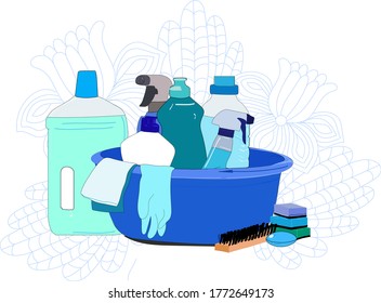 Cleaning products in blue tones. Advertising poster. For shops, sites with detergents. Gloves, sprays, washcloths in a plastic container on background of leaves and flowers. 