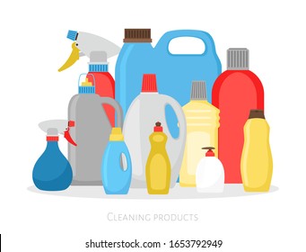 Cleaning products bottles. Isolated plastic packing set, detergent cleaner housekeeping objects vector illustration on white background