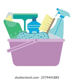 Cleaning products in bucket for house cleaning. Vector flat illustration on white background.