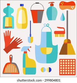 Cleaning products flat icon vector set on white background.