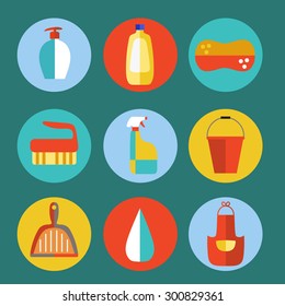 Cleaning products flat icon vector set on green background. Cleaning service.