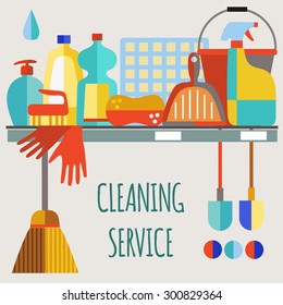 Cleaning products flat icon vector set on beige background. Cleaning service.