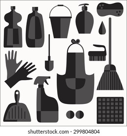 Cleaning products flat icons vector set on white background.