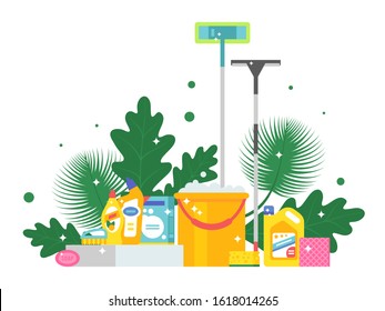 Cleaning products and fresh green leaves, vector illustration. Flat style background with bucket, mop, soap and sponge. Sparkling clean, shiny housekeeping supplies. Professional cleaning service