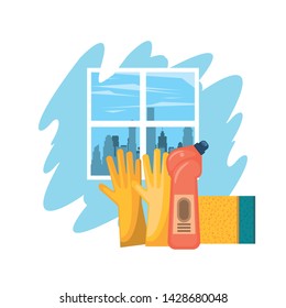 Cleaning products gloves and soap bottle with sponge in home splash scenery vector illustration graphic design
