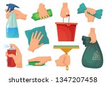 Cleaning products in hands. Hand hold detergent, housework supplies and cleanup rag. Kitchen cleaning, house washing disinfection equipment. Cartoon vector illustration isolated icons set