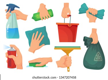 Cleaning products in hands. Hand hold detergent, housework supplies and cleanup rag. Kitchen cleaning, house washing disinfection equipment. Cartoon vector illustration isolated icons set