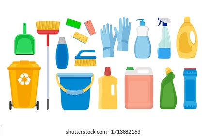 Cleaning and cleaning products for cleaning the house. Rubber gloves, brush, trash can, window spray. Icons set. Vector illustration