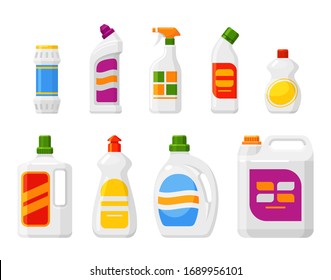 Cleaning products set, liquids, powders, sprays bottles. Housekeeping sanitary and cleaning. Vector flat style cartoon illustration isolated on white background