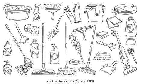 Cleaning products set. Sketch with inventory and accessories for clean and wash house. Line art ousehold gloves, mop, vacuum cleaner, brush and detergent cleaners. Linear flat vector illustration
