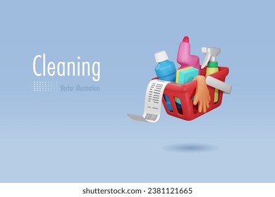 Cleaning products in shopping basket with bill. Buying sanitary chemical equipment for household cleaning, floor, kitchen and toilet for home sanitary and disinfection. 3D cartoon vector.