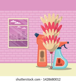 Cleaning products soap bottles in home scenery vector illustration graphic design