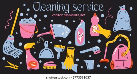 Cleaning products supplies vector sticker elements set with cartoon funky groovy illustration of various household tools, items, equipment for cleaning service 