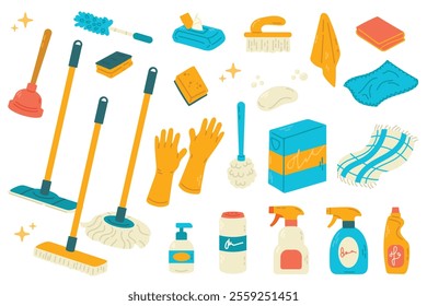 Cleaning products and tools. Mop, sponges, gloves, sponge, spray bottle, sponge, rubber gloves. Vector illustration