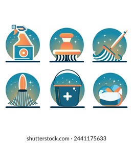 Cleaning products vector illustration. Professional hygiene service for domestic households. Brush, mop and broom set.