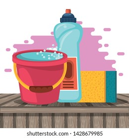 Cleaning products water bucket with sponge and soap bottle on wooden floor vector illustration graphic design