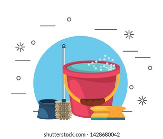 Cleaning products water bucket and toilet sponge with brush vector illustration graphic design