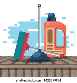 Cleaning products window cleaner and toilet pump with bottle in wooden floor vector illustration graphic design