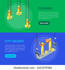 Cleaning Professional Worker Washed Window Concept Banner Horizontal Set 3d Isometric View. Vector illustration of Service Highrise Cleanliness