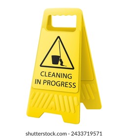 Cleaning in progress sign. Wet floor caution sign,isolated on white background, standing caution sign board. Double-sided folding yellow display stand. Slippery surface. Realistic 3d Vector